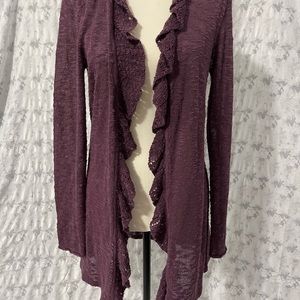 Beautiful Plum colored cardigan sweater w/ ruffles down the front